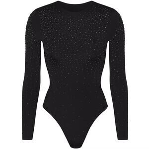 NWT SKIMS x SWAROVSKI JELLY SHEER LONG SLEEVE CREWNECK BODYSUIT IN ONYX SIZE‎ XS